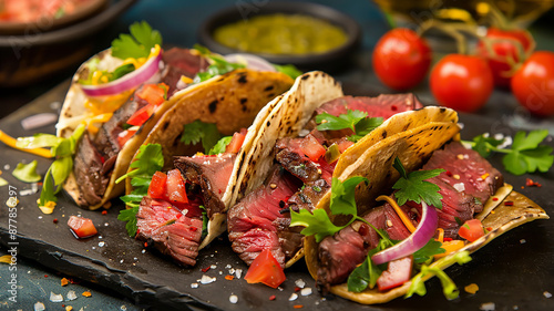 Tacos de carne asada con cilantro, cebolla y tomate