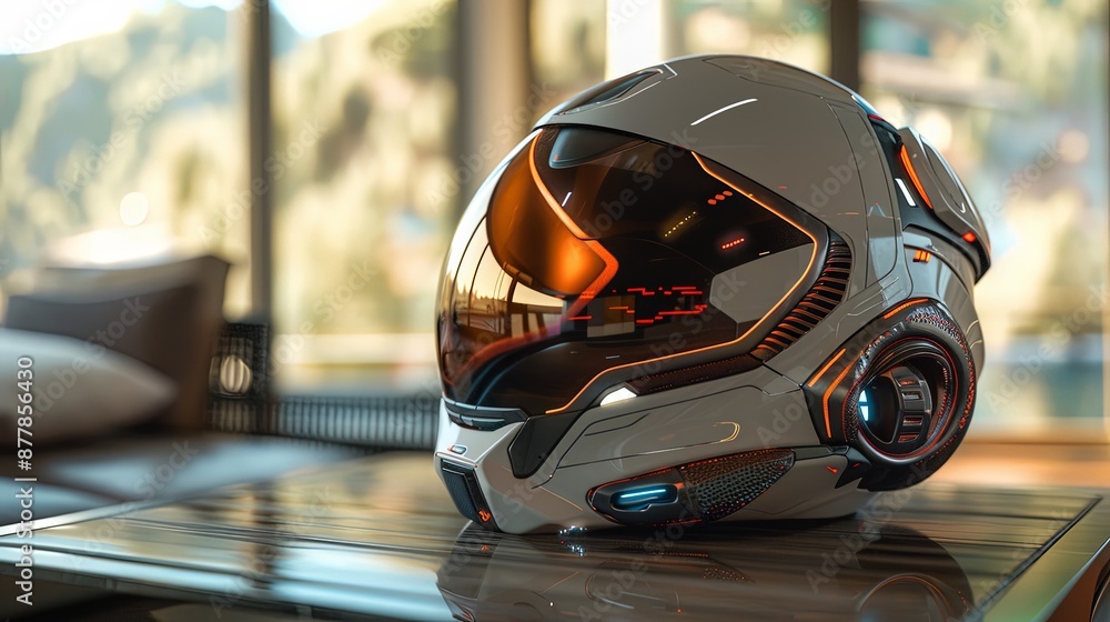 Fototapeta premium Futuristic Helmet in a Modern Interior