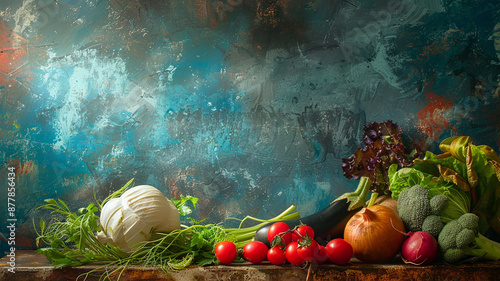 Bodegón de verduras frescas sobre una mesa rústica