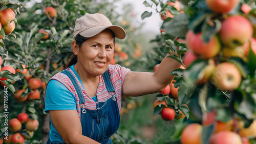 Agricultora recolectando manzanas en el huerto