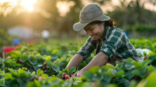 Agricultora sonriente recolectando fresas al amanecer