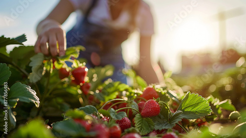 Mano de agricultor cosechando fresas al atardecer