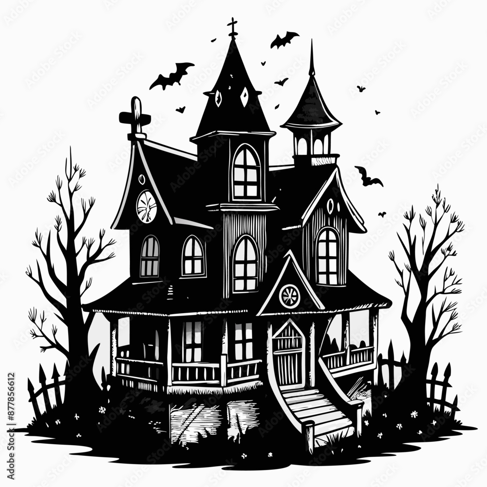 Obraz premium Haunted Gothic House with Bats and Trees in Black and White Illustration
