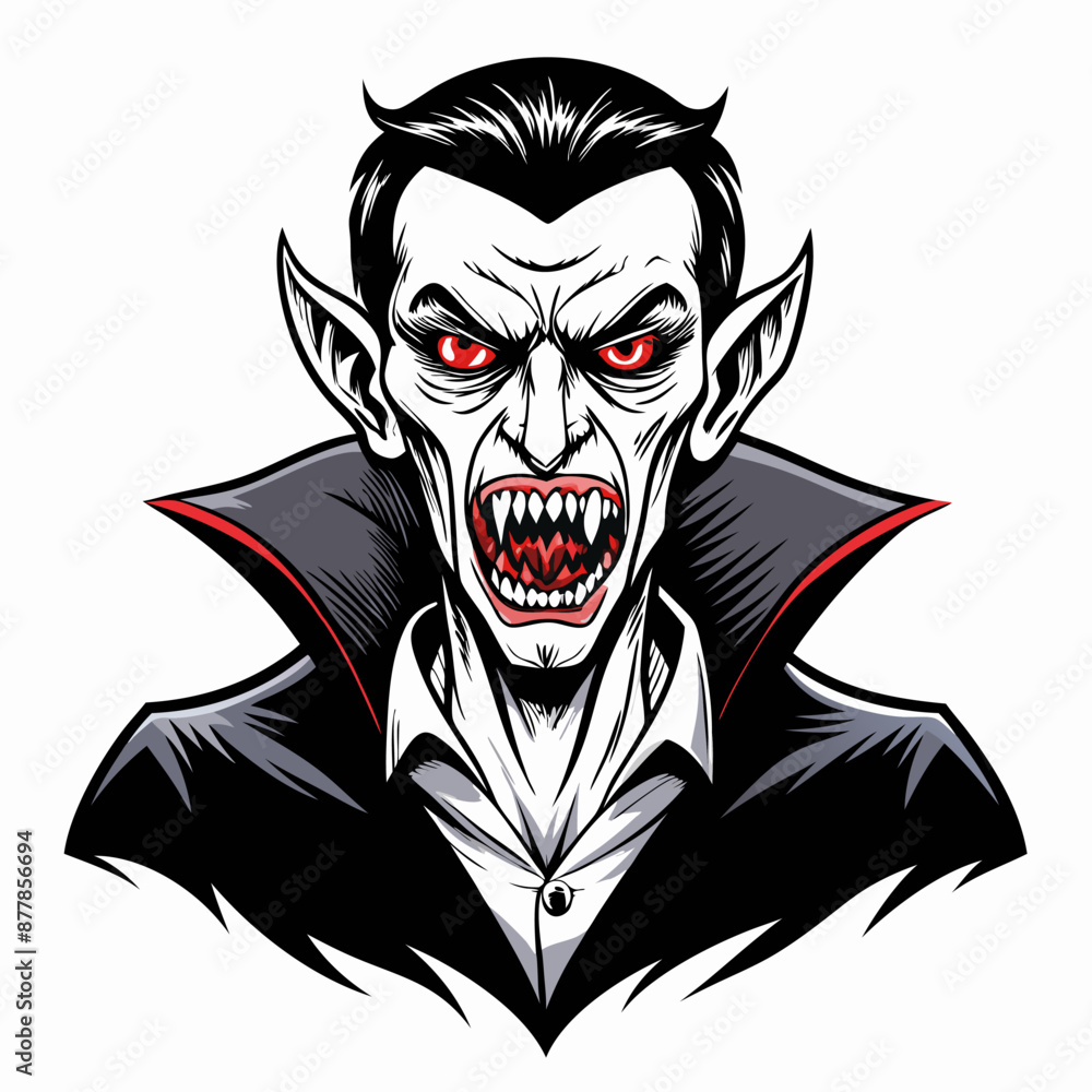 Vector Illustration of Angry Vampire With Red Eyes and Sharp Fangs on White Background Vector Illustration of Angry Vampire With Red Eyes and Sharp Fangs on White Background