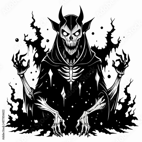 Sinister Demonic Figure Enshrouded in Darkness with Eerie Glow and Menacing Expression