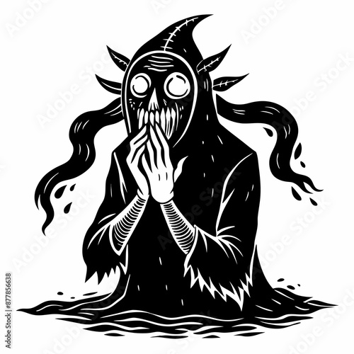 Creepy Hooded Skull Figure with Ghoulish Hands in Black and White Horror Illustration