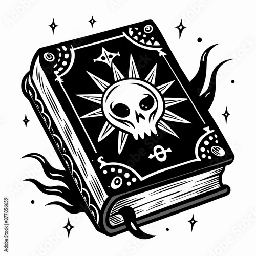 Mysterious Gothic Spellbook Illustration with Skulls and Stars in Black and White