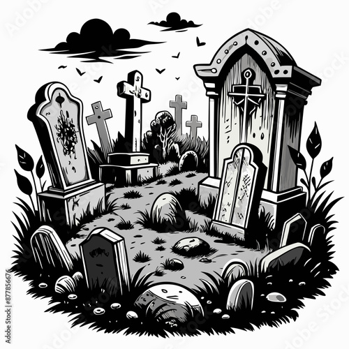 Spooky Graveyard Illustration with Tombstones, Crosses, and Dark Clouds