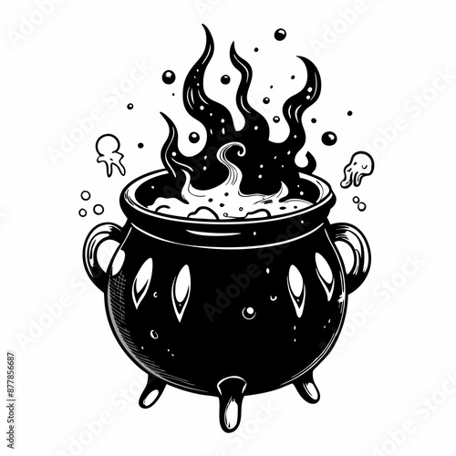 Black Magic Cauldron with Bubbling Potion and Mystical Smoke Illustration