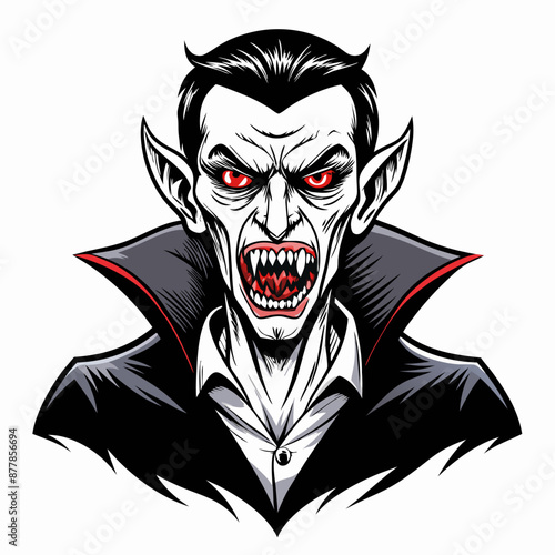 Vector Illustration of Angry Vampire With Red Eyes and Sharp Fangs on White Background