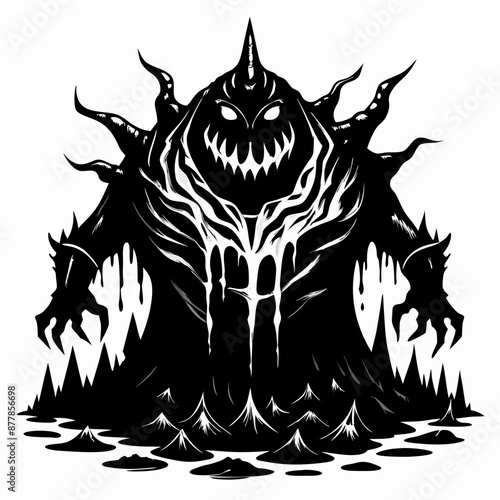 Sinister Black Monster Silhouette with Glowing Eyes and Dripping Trees