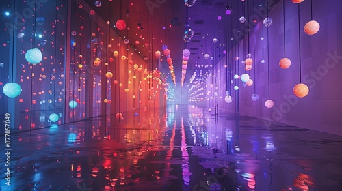 A Hallway Decorated with Hanging Colorful Spheres