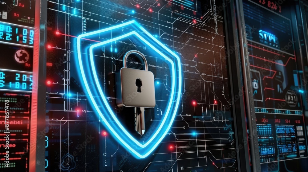 Wallpaper Illustration and background of cyber security data protection shield, with key lock security system, technology digital. Front view. Concept of database security software Wallpaper Illustration and background of cyber security data protection shield, with key lock security system, technology digital. Front view. Concept of database security software