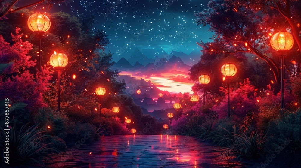 Fototapeta premium Enchanting night landscape with glowing lanterns, starry sky, and surreal scenery, creating a magical and serene atmosphere.