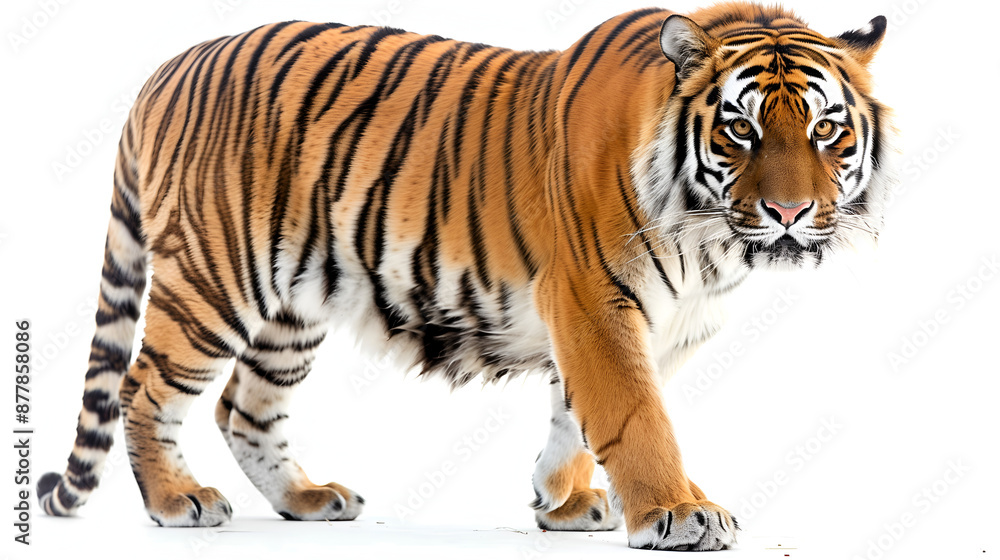 Fototapeta premium A male Bengal tiger in perfect shape on white background.