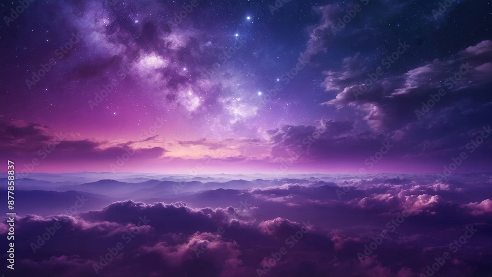 Fototapeta premium Vibrant purple sky above clouds at night creating magical atmosphere