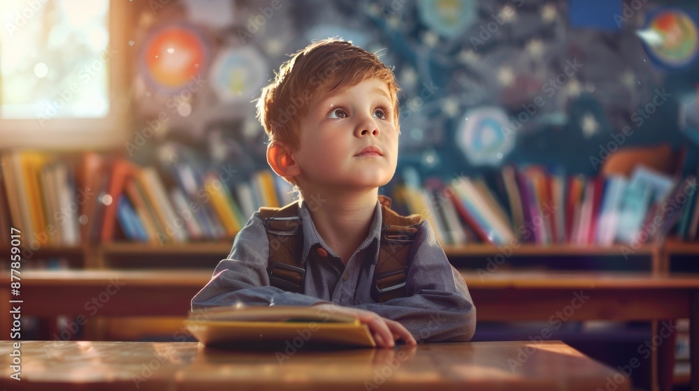 Education and school concept little student studying at school Participate in reading books Bright classroom atmosphere and school library Education and school concept little student studying at school Participate in reading books Bright classroom atmosphere and school library