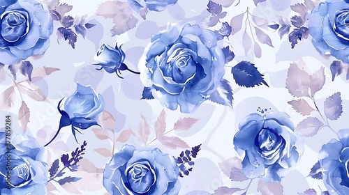 Subtle watercolor seamless floral pattern with blue roses on light lavender background photo