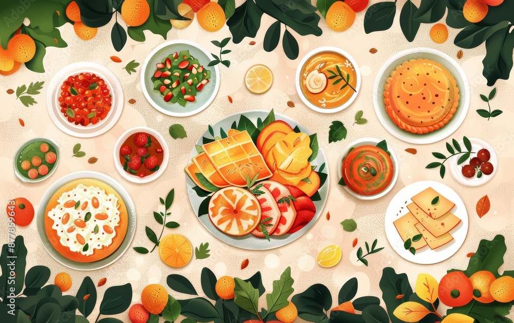 Overhead view of a table set with various dishes, perfect for a festive meal. The vibrant colors and delicious-looking food create an inviting atmosphere. Overhead view of a table set with various dishes, perfect for a festive meal. The vibrant colors and delicious-looking food create an inviting atmosphere.