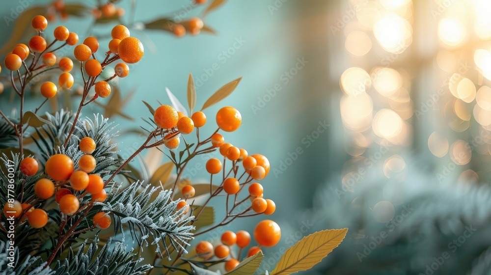 Frost-covered orange berries and leaves illuminated by warm sunlight, creates a beautiful winter scene by a window. Frost-covered orange berries and leaves illuminated by warm sunlight, creates a beautiful winter scene by a window.