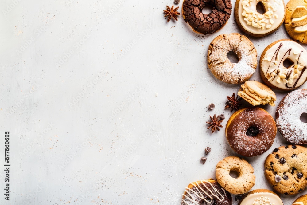 A variety of doughnuts and cookies, including chocolate, vanilla, and cinnamon, are arranged on a white surface A variety of doughnuts and cookies, including chocolate, vanilla, and cinnamon, are arranged on a white surface