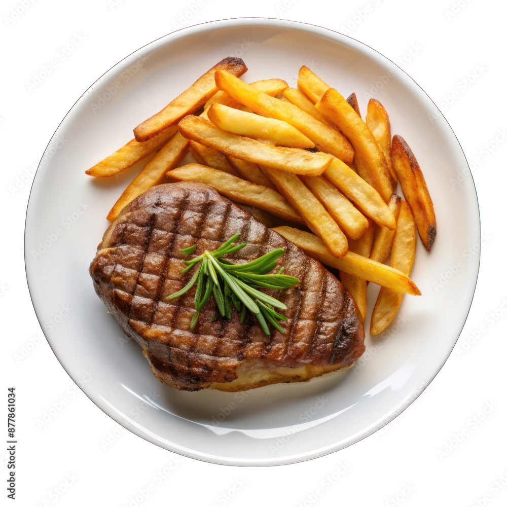 Grilled beef steak and fries on white plate top view isolated on transparent background Grilled beef steak and fries on white plate top view isolated on transparent background