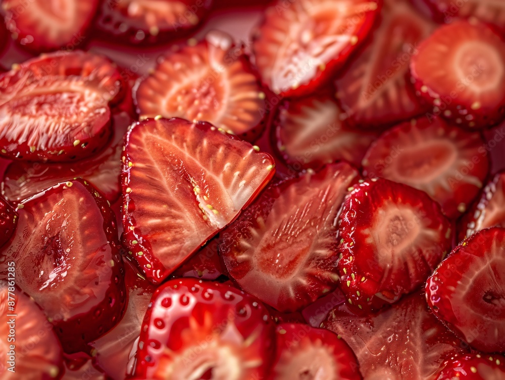 Close-up view of perfectly ripe strawberry halves arranged in a vibrant summer-themed composition, showcasing juicy red flesh and tiny seeds against a soft-focus background Close-up view of perfectly ripe strawberry halves arranged in a vibrant summer-themed composition, showcasing juicy red flesh and tiny seeds against a soft-focus background