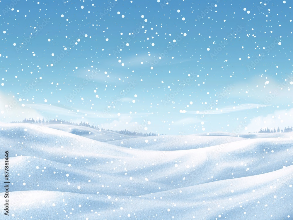 A vivid vector illustration presenting a flat winter landscape with a snowy background, detailed snowdrifts, and continuous snowfall beneath a clear blue sky. The light blizzard effect adds a dynamic A vivid vector illustration presenting a flat winter landscape with a snowy background, detailed snowdrifts, and continuous snowfall beneath a clear blue sky. The light blizzard effect adds a dynamic