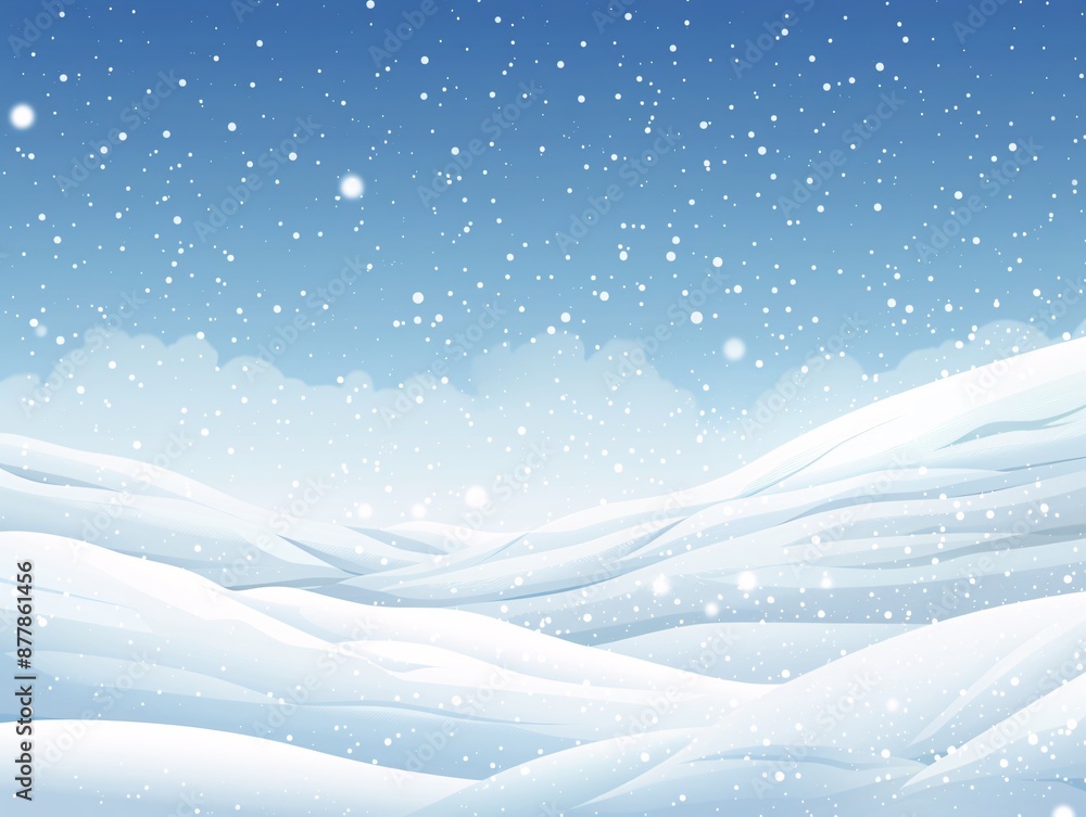 A comprehensive vector illustration depicting a flat winter landscape with extensive snowy backgrounds, crisp snowdrifts, and falling snow under a clear blue sky. The gentle blizzard effect A comprehensive vector illustration depicting a flat winter landscape with extensive snowy backgrounds, crisp snowdrifts, and falling snow under a clear blue sky. The gentle blizzard effect