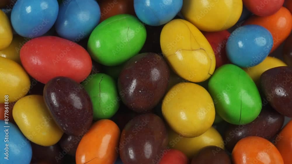 top view close up of spinning rainbow peanut chocolate candies top view close up of spinning rainbow peanut chocolate candies