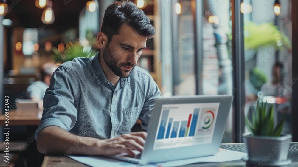 photograph of Businessman examining data and sales metrics on laptop, strategizing to optimize operations and boost business performance photograph of Businessman examining data and sales metrics on laptop, strategizing to optimize operations and boost business performance