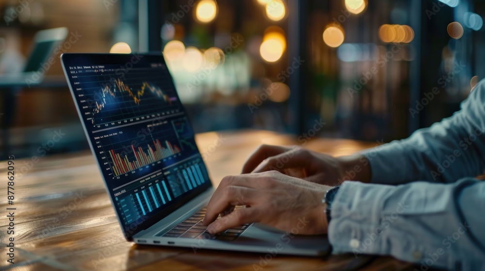 Naklejka premium Cropped view of businessman's hands checking data and sales indicators on laptop Create strategies to optimize operations and increase business performance. Business information for success