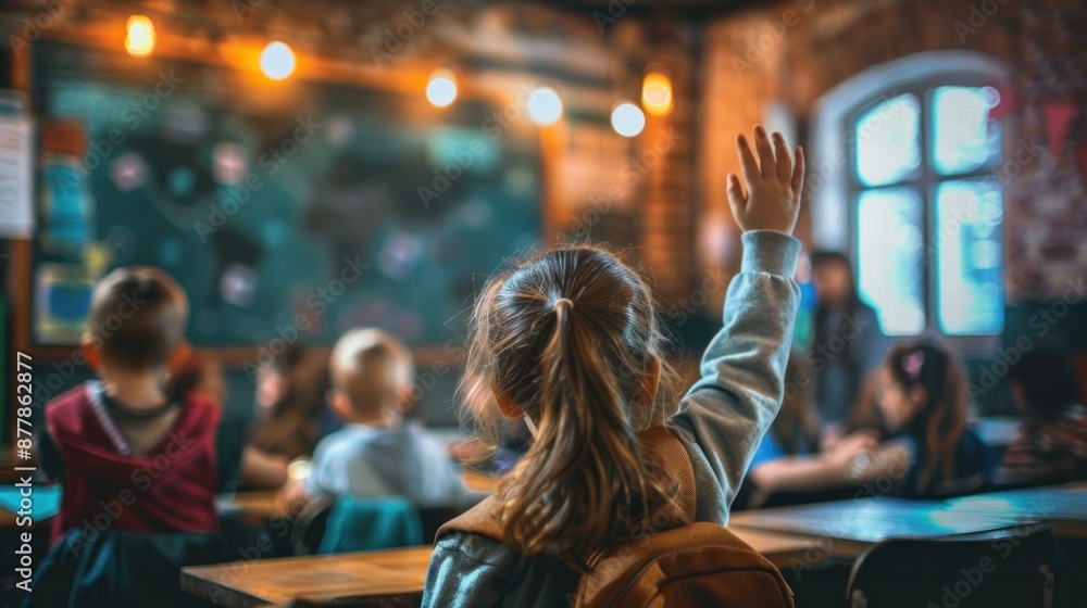 Photos of education and school concepts Focus on American schoolchild studying in class, raising right hand, blurred teacher, blackboard in front of class teacher participation