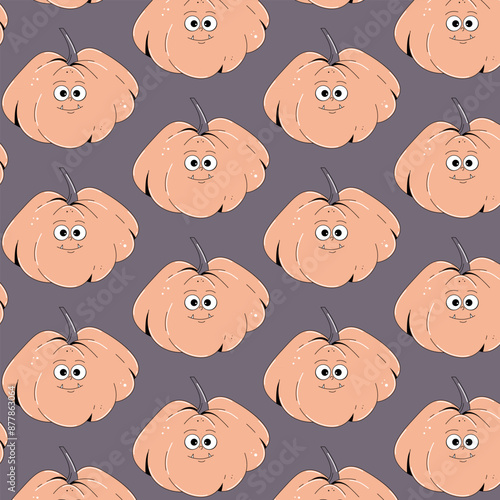 Colorful seamless pattern on Happy Halloween theme. Retro groovy character pink pumpkin with creepy and skary face. Contemporary vector illustration on gray background. photo