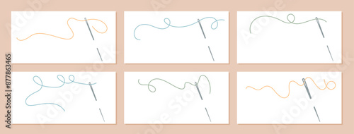 A dynamic set of thread and needle illustrations, highlighting various colorful threads in flowing lines. These sewing icons showcase tailor and sewing tools, emphasizing detailed craftsmanship.