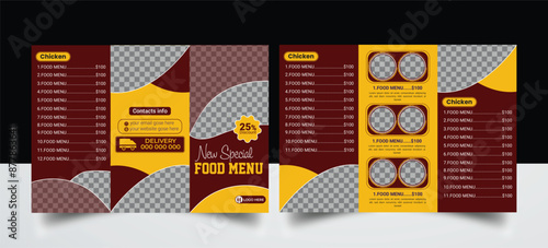 Set of restaurant business tri-fold brochure template with colorful design a4 size layout. Food menu design for leaflet or flyer with flat modern and liquid elements. Creative and clean typography.