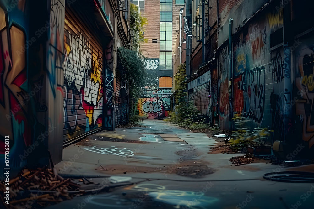 Fototapeta premium Dark vintage urban alley back yard with graffiti