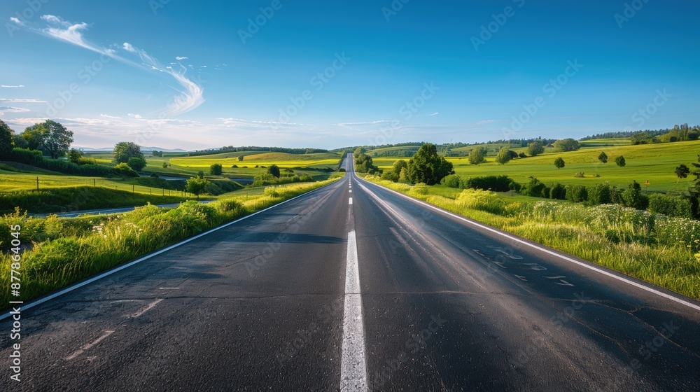Fototapeta premium A highway stretching into the horizon, with a solid white line down the center, surrounded by a lush green countryside under a clear blue sky.