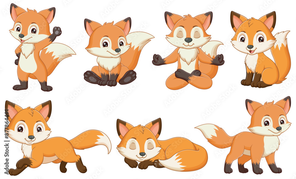 Set Of Cute Fox Cartoon. Animal Nature Icon Concept Isolated Premium Vector. Vector Illustration
