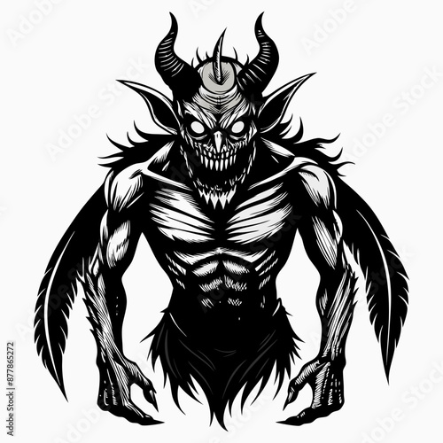 Black and White Demonic Illustration with Horns and Clawed Hand Details
