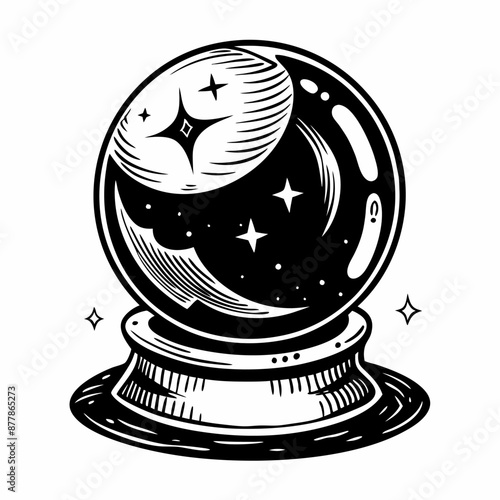 Hand Drawn Crystal Ball with Stars   Black and White Mystical Astrology Illustration