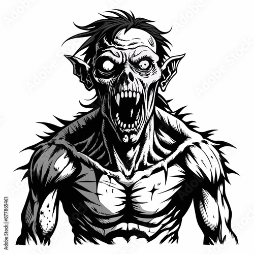 Terrifying Vampire Monster Illustration with Sharp Fangs and Glowing Eyes