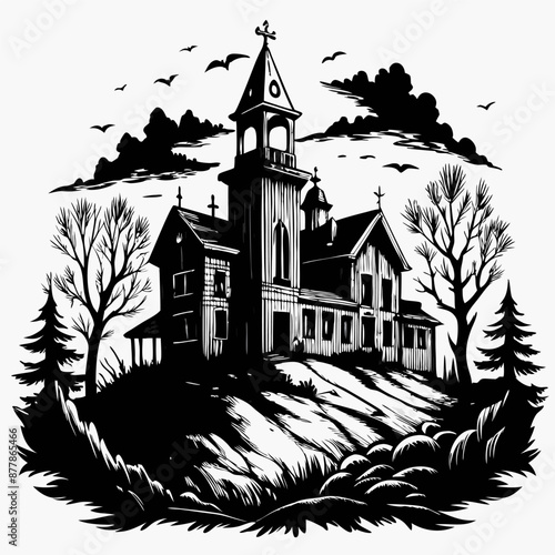 Haunted Gothic Church in Black and White  Spooky Vintage Illustration with Eerie Atmosphere