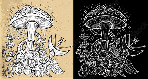 Black and white celestial mystic mushrooms with magic and floral decorative design elements, snake, witchcraft symbols. Esoteric and witchy objects, tattoo concept, hand drawn clipart 