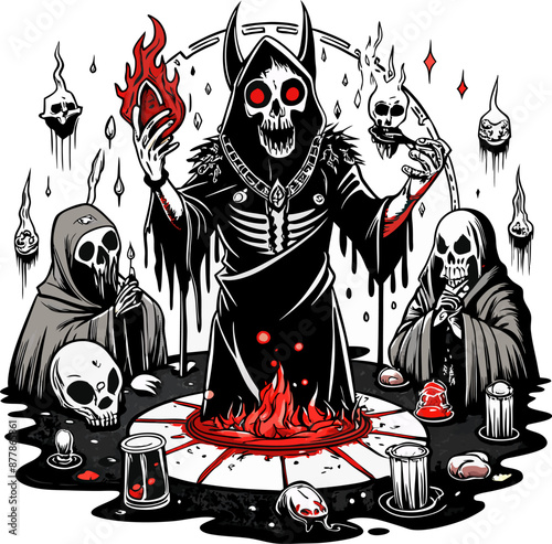 Dark Ritual Artwork with Skeletons and Hooded Figures Performing in Gothic Style