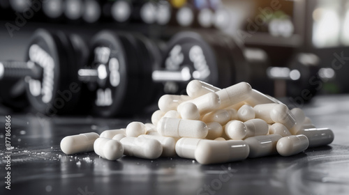 Detailed View of BCAA Capsules in Fitness Center, Health Supplement Marketing photo