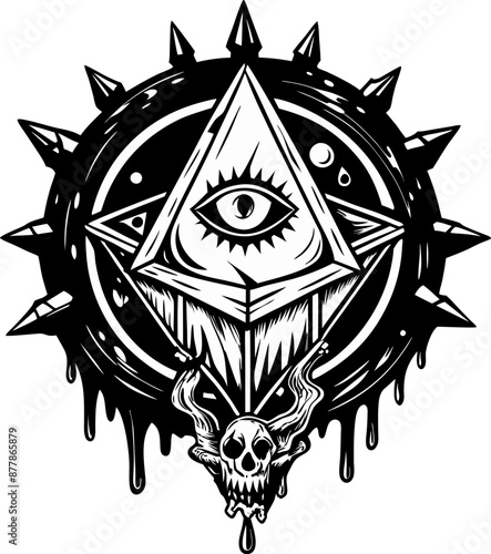 Mystical Eye Symbol with Skull, Dripping Black Ink, and Geometric Design