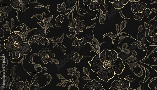 Vintage seamless black floral pattern with delicate gold thread accents, vector illustration