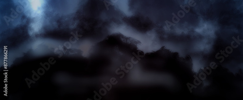 霧が掛かった夜の山　山水画　背景素材