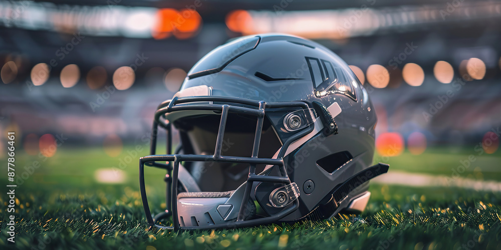 Gray football helmet on grass in stadium, blurred background lights Gray football helmet on grass in stadium, blurred background lights